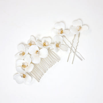 Ceramic White Flowers Freshwater Pearl Gold Hair comb And Hair Pins Set, Bridal Hair piece, Bridal Hair Accessories, Wedding Hair Accessory.